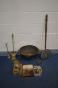 A QUANTITY OF METALWARE to include a wrought iron oval log bucket, warming pan, various fire irons