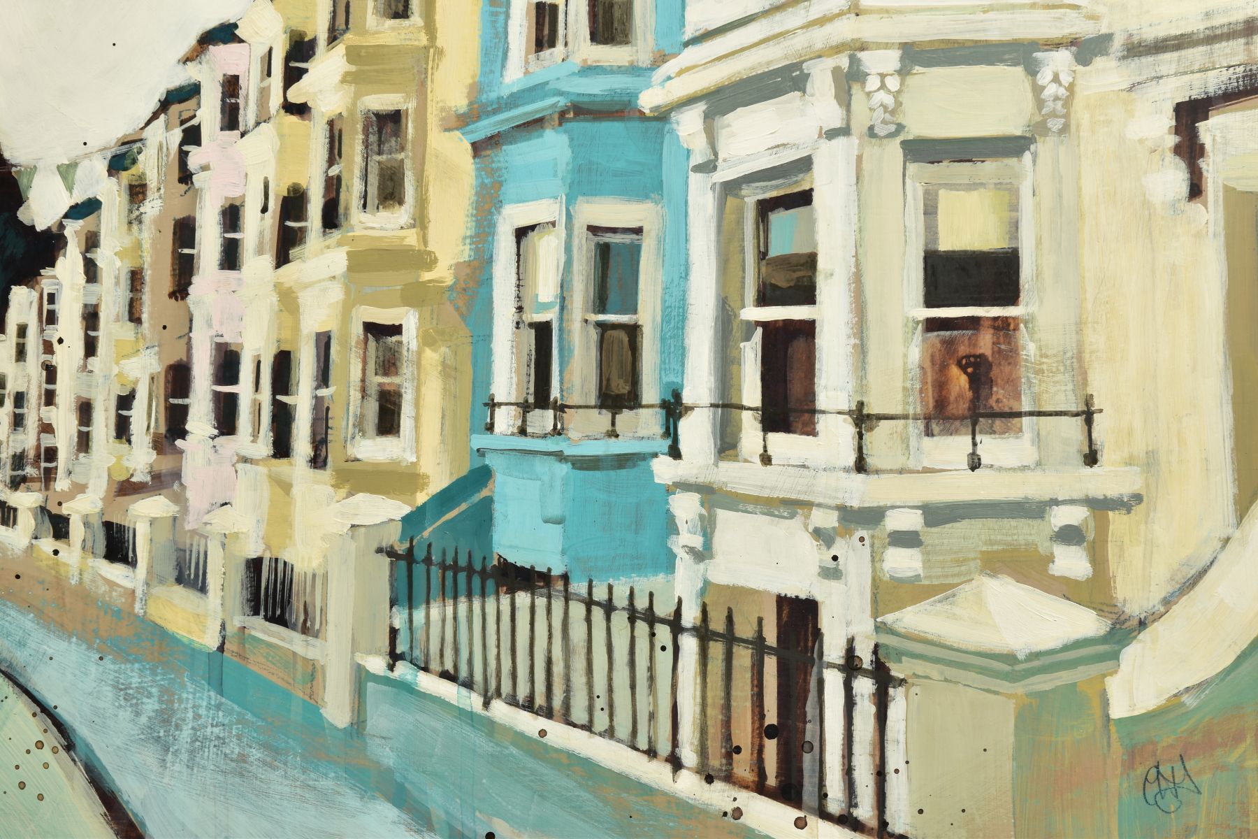 CAMILLA DOWSE (BRITISH 1968) 'JUBILEE STREET 1' a street of colourful houses, initialled bottom - Image 2 of 5