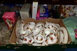SIX BOXES OF GLASS AND CERAMICS, etc, to include Rose patterned tea wares by Jaspers & Albany,