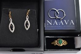 THREE ITEMS OF JEWELLERY, to include a small pair of platinum hoop earrings, hallmarked platinum,