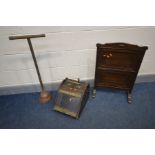 AN EDWARDIAN MAHOGANY PERDONIUM, brass handle, with shovel, oak metamorphic fire screen/cake stand