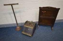 AN EDWARDIAN MAHOGANY PERDONIUM, brass handle, with shovel, oak metamorphic fire screen/cake stand