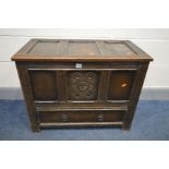 A SMALL OAK MULE CHEST with a single drawer, width 79cm x depth 43cm x height 62cm (Sd to finish)