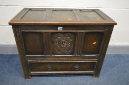 A SMALL OAK MULE CHEST with a single drawer, width 79cm x depth 43cm x height 62cm (Sd to finish)