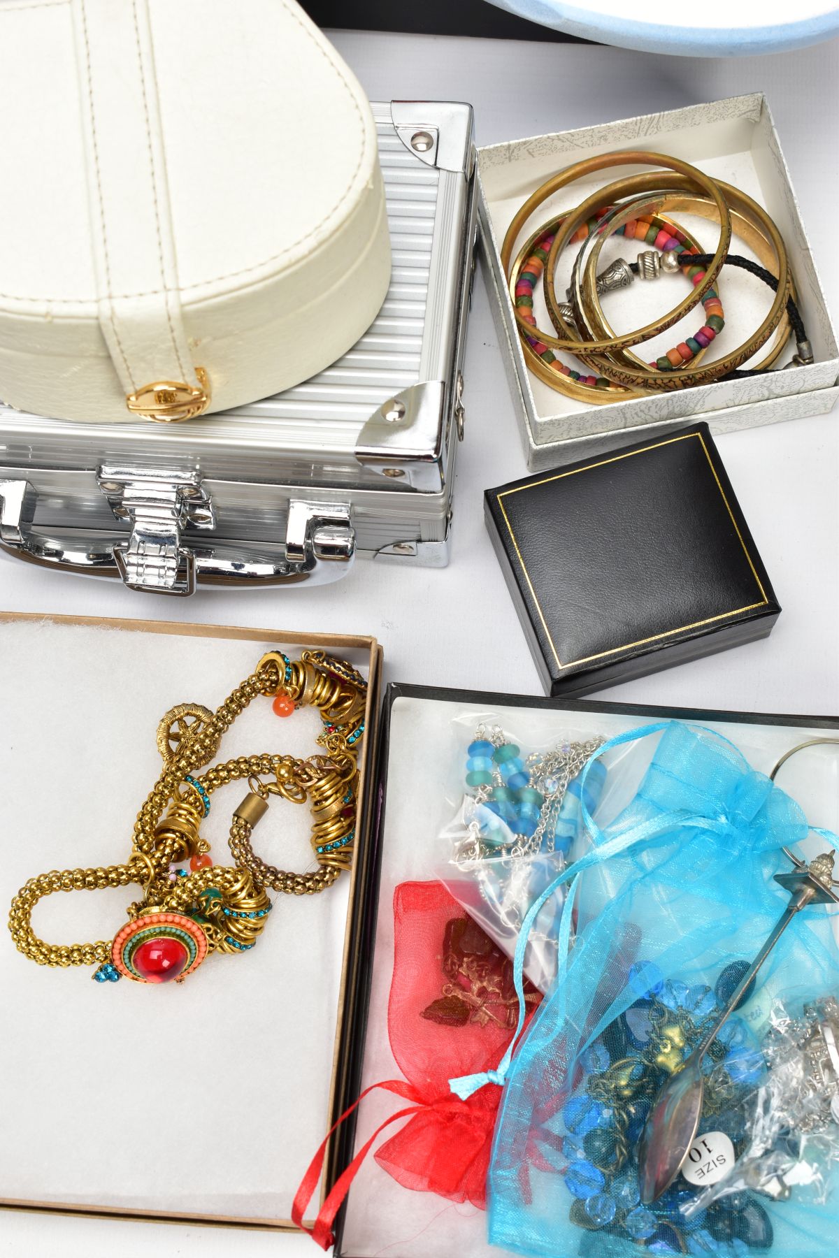 A BOX OF COSTUME JEWELLERY, to include two enamel brooches by Fish, a hinged bangle, various - Image 3 of 10