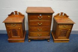 A HARDWOOD CHEST OF FOUR DRAWERS, brass drop handles on Victorian style legs, width 65cm x depth