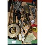 A BOX OF COLLECTABLES AND A MODERN WROUGHT IRON FLOORSTANDING CANDLEHOLDER, height 125cm, the box to