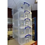 FIVE 50 LITRE PLASTIC STORAGE BOXES by The Really Useful Box Company, all with lids