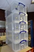 FIVE 50 LITRE PLASTIC STORAGE BOXES by The Really Useful Box Company, all with lids