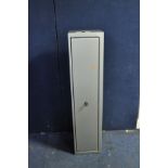 A METAL GUN CABINET with two keys width 30cm depth 26cm and height 140cm