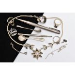 A SELECTION OF SILVER AND WHITE METAL ITEMS, to include a flower design necklace with central