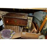 A BOX AND LOOSE SUNDRY ITEMS, PICTURES etc, to include a distressed writing slope, a 'Chatsworth'