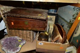 A BOX AND LOOSE SUNDRY ITEMS, PICTURES etc, to include a distressed writing slope, a 'Chatsworth'