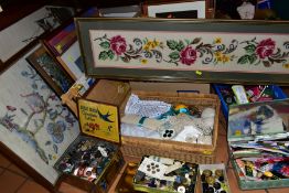FOUR BOXES AND LOOSE PICTURES, TAPESTRY PICTURES, BUTTONS, HABERDASHERY, SUNDRIES, etc, to include