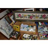 FOUR BOXES AND LOOSE PICTURES, TAPESTRY PICTURES, BUTTONS, HABERDASHERY, SUNDRIES, etc, to include