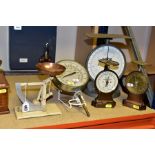 A GROUP OF SIX ASSORTED WEIGHING SCALES AND A THERMONETER, comprising an Avery walnut and satin wood