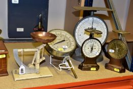 A GROUP OF SIX ASSORTED WEIGHING SCALES AND A THERMONETER, comprising an Avery walnut and satin wood