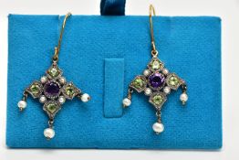 A PAIR OF GEM DROP EARRINGS, the central circular amethyst within a shaped surround set with four