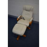 A CREAM LEATHER MASSAGING CHAIR and footstool (missing power cable so no PAT test, untested)