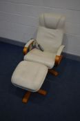 A CREAM LEATHER MASSAGING CHAIR and footstool (missing power cable so no PAT test, untested)