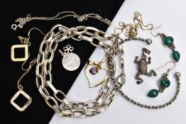SEVEN ITEMS OF JEWELLERY, to include a thick belcher link necklace, two pairs of drop earrings a