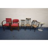SIX VARIOUS CHAIRS, to include a two 1940's open armchairs, two Edwardian spindle back chairs,