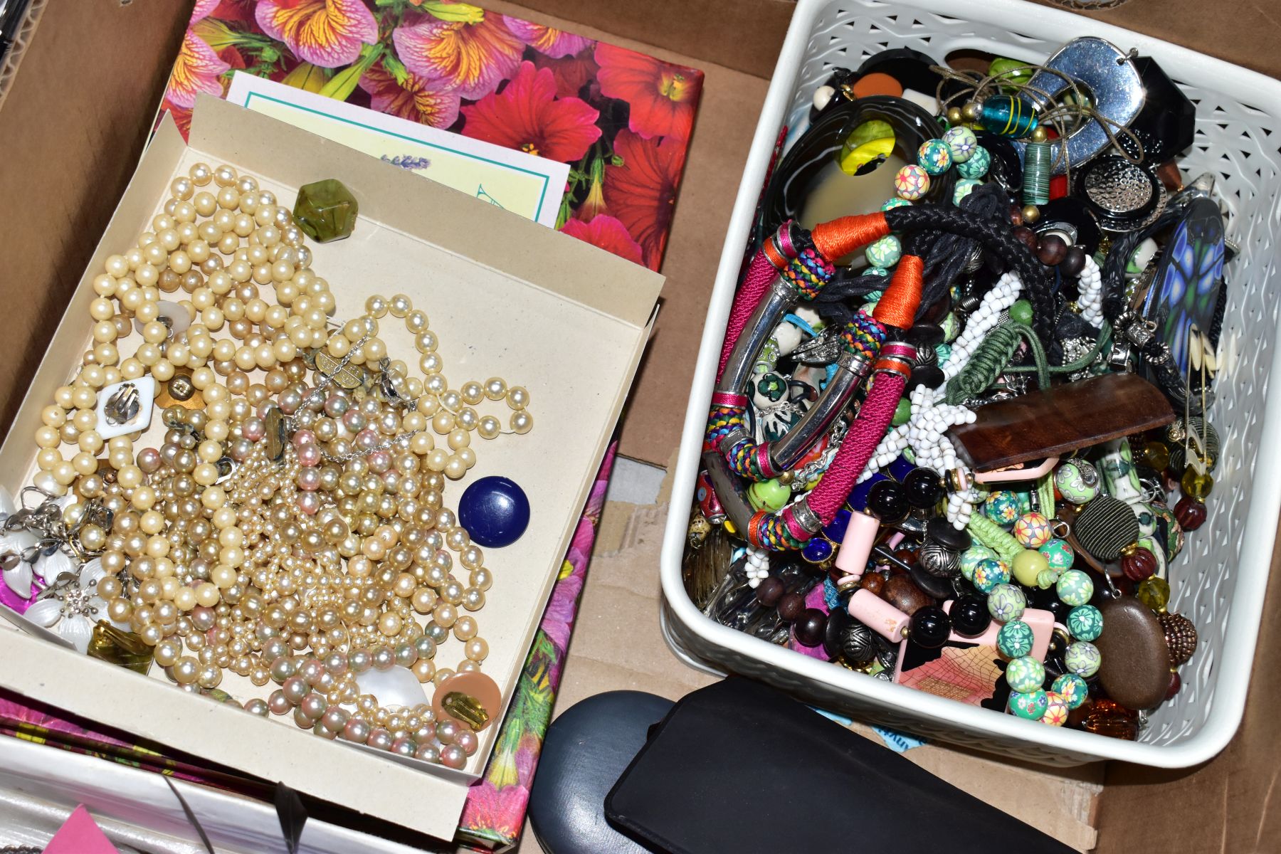 TWO BOXES OF MAINLY COSTUME JEWELLERY, to include a 'Jewelcraft' leaf brooch, a continental - Image 4 of 6