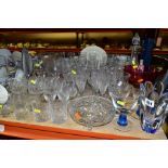 A QUANTITY OF CUT AND DECORATIVE GLASS etc to include six Edinburgh Crystal brandy glasses, seven