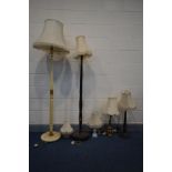 SEVEN VARIOUS TABLE/STANDARD LAMPS, all with fabric shades, to include an Edwardian mahogany