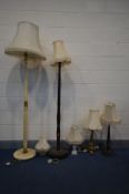 SEVEN VARIOUS TABLE/STANDARD LAMPS, all with fabric shades, to include an Edwardian mahogany