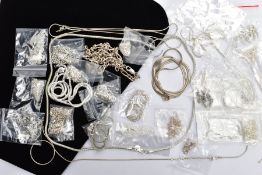 A SELECTION OF SILVER AND WHITE METAL CHAINS, to include snake link, rope twist, belcher link, bead,