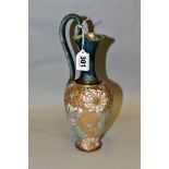 A ROYAL DOULTON SLATERS PATENT STONEWARE EWER, mottled green/blue glazed handle and neck, the