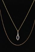 A YELLOW METAL SAPPHIRE AND DIAMOND PENDANT NECKLACE AND A YELLOW METAL BELCHER CHAIN, the pendant