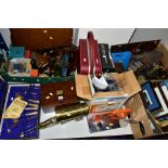 FOUR BOXES AND LOOSE SUNDRY ITEMS, ETC, to include a boxed 24k gold plated twenty five piece cutlery