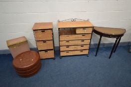 A WICKER CHEST OF THREE DEEP DRAWERS on a metal frame, a matching chest of two over four long (