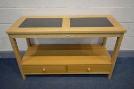 A MODERN OAK AND BEECH SIDE TABLE with double granite inserts, open shelf and two drawers, width