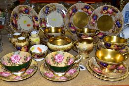 A COLLECTION OF AYNSLEY FRUIT STUDY (ORCHARD GOLD) AND FLOWER STUDY CUPS, SAUCERS, PLATES, VASES,