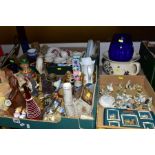 THREE BOXES AND LOOSE ASSORTED CERAMICS, ETC, including a blue glass bowl on clear tripod base,