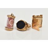 THREE 9CT GOLD CHARMS, to include a 9ct gold swivel charm set with onyx and bloodstone panels, a 9ct