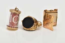 THREE 9CT GOLD CHARMS, to include a 9ct gold swivel charm set with onyx and bloodstone panels, a 9ct