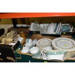 THREE BOXES OF DINNERWARES, TEAWARES, including Royal Worcester Saguenay, three serving plates,