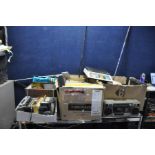 FOUR BOXES OF VINTAGE AUDIO AND HOUSEHOLD ITEMS including twenty plus transistor and clock radios,