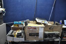 FOUR BOXES OF VINTAGE AUDIO AND HOUSEHOLD ITEMS including twenty plus transistor and clock radios,