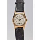 A 9CT GOLD CASED, HAND WOUND J.W. BENSON WRISTWATCH, round silvered dial, Arabic numerals,