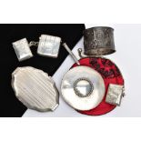 SEVEN SILVER AND WHITE METAL ACCESSORIES, to include three early 20th century silver vesta cases,