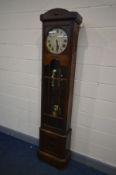 AN EARLY 20TH CENTURY OAK LONGCASE CLOCK, with an 11 inch dial, height 212cm (trunk key, two weights