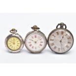 THREE EARLY 20TH CENTURY SILVER OPEN FACE POCKET WATCHES, all with Roman numerals and engraved