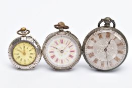 THREE EARLY 20TH CENTURY SILVER OPEN FACE POCKET WATCHES, all with Roman numerals and engraved
