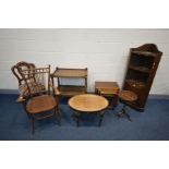 A COLLECTION OF OAK/MAHOGANY OCCASSIONAL FURNITURE to include a corner cupboard with two open