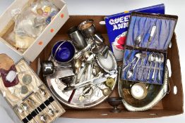 A LARGE BOX OF METALWARE, to include a Mappin and Webb E.P.B.M. beaker with a vacant cartouche and
